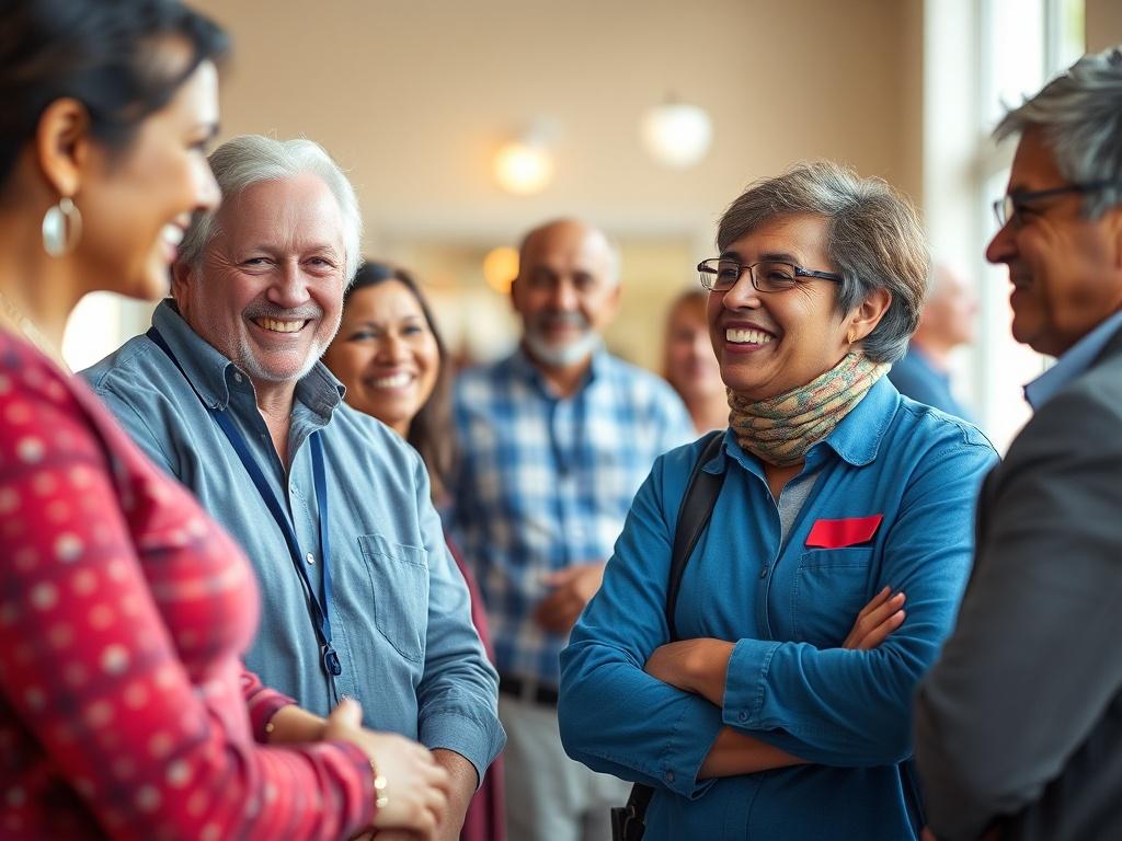 A heartwarming image of a diverse group of volunteers and veterans together, smiling and engaged in conversation. Soft-focus background highlighting a community center, symbolizing unity and support.
