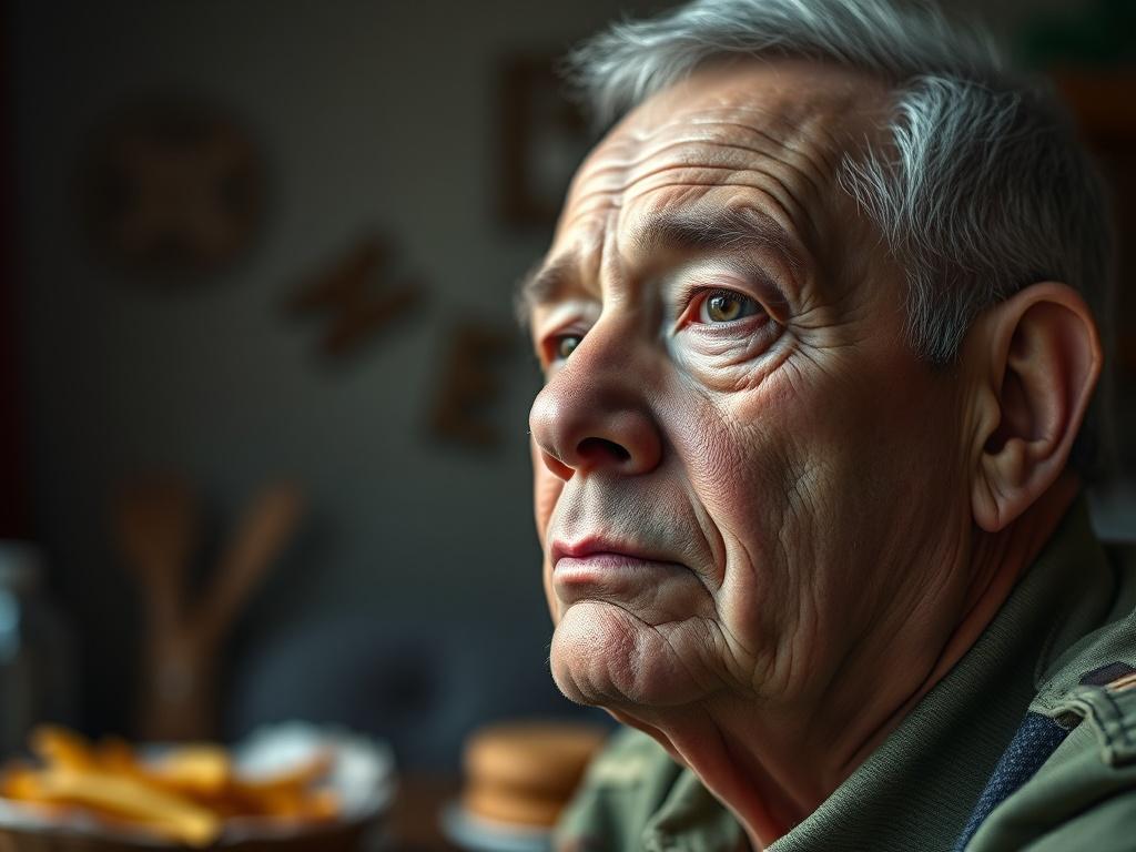 A close-up shot of a veteran looking hopeful, surrounded by symbols of support like a home and food. The background features soft lighting to evoke warmth and safety, focusing on the veteran's expression of gratitude and determination.