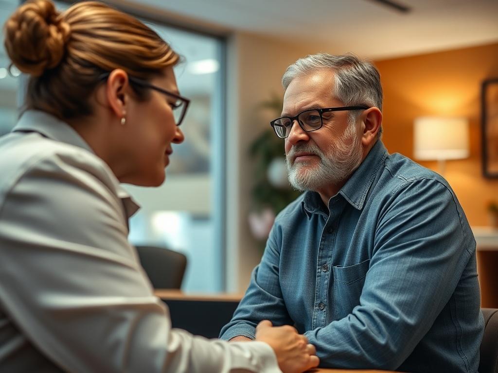 A close-up shot of a dedicated case manager discussing options with a veteran, capturing a moment of understanding and empathy. The setting should reflect a welcoming office environment, with warm colors and supportive visuals in the background, symbolizing hope and empowerment.