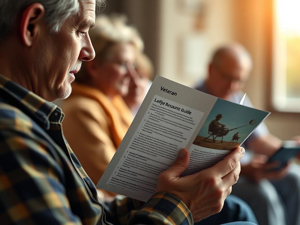 A close-up shot of a veteran reading a resource guide in a supportive group setting, featuring warm tones that evoke comfort and hope. The background should be softly blurred to emphasize the focus on the veteran, showcasing a serene environment that symbolizes support and community.