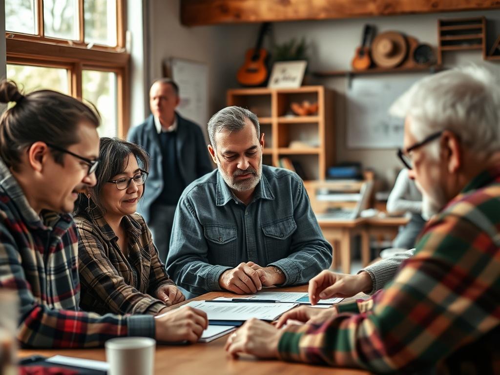 A close-up shot of a group of veterans engaging in a workshop, showcasing collaboration and camaraderie. The background should include elements of a community space, with natural lighting that highlights the positive atmosphere of learning and connection.