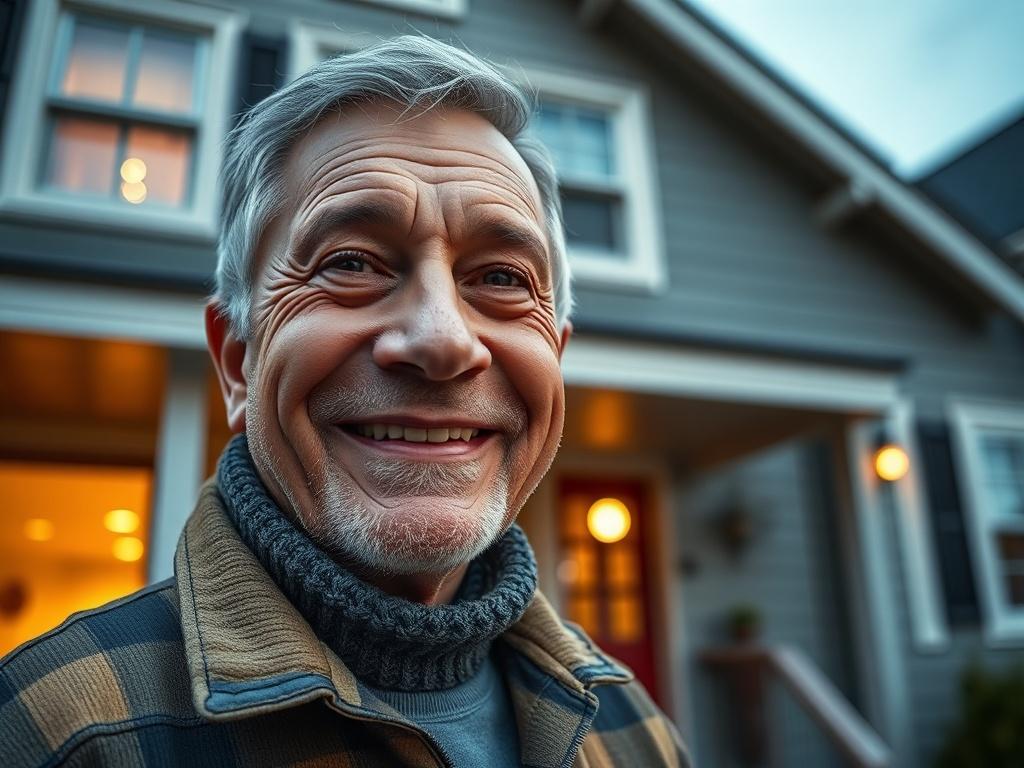 A close-up of a veteran smiling in front of a newly rented apartment, showcasing hope and success, with warm lighting.