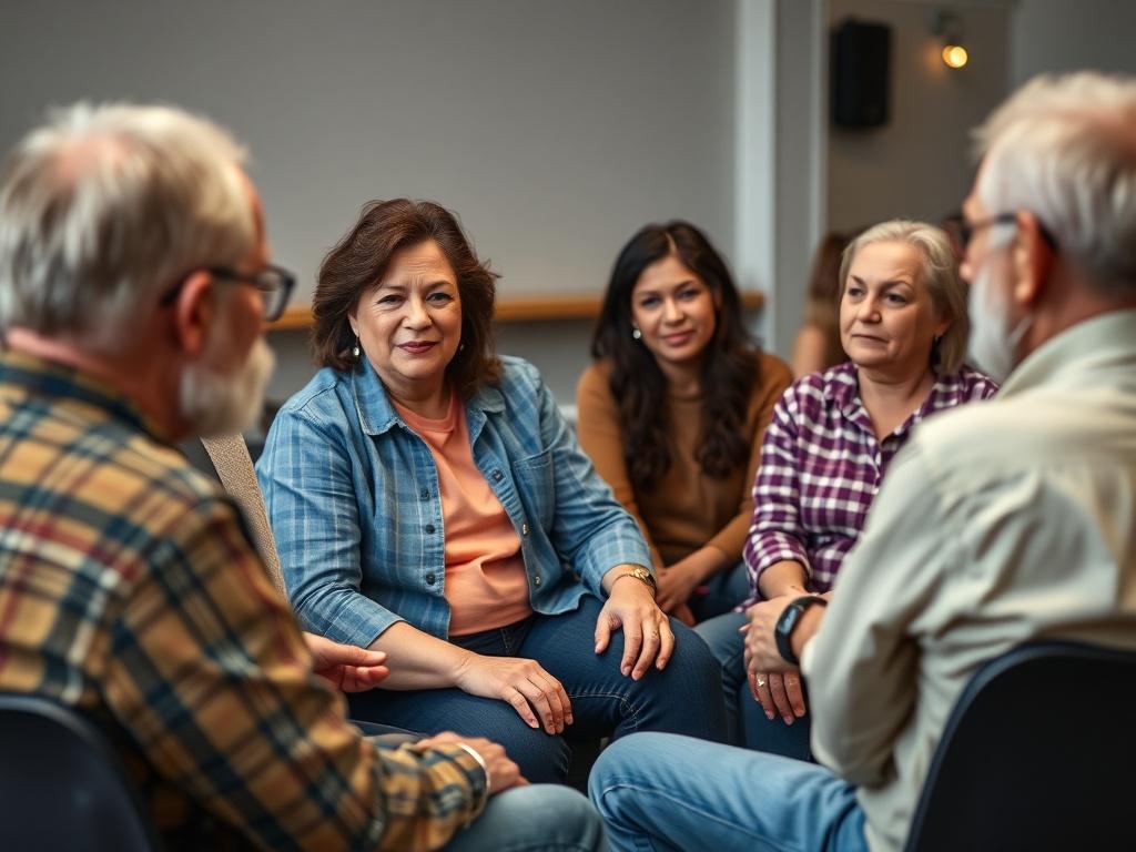 A close-up of a group of veterans seated in a circle, actively engaging in a mental health workshop, with supportive expressions and a facilitator guiding them.