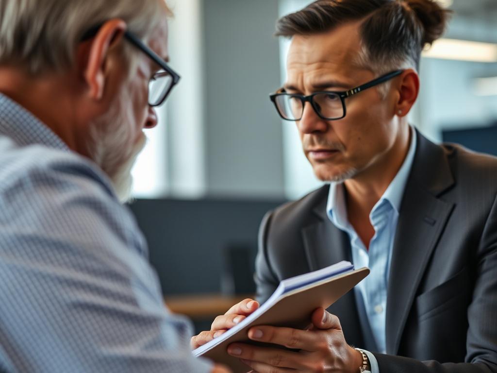 A close-up of a veteran receiving career advice from a mentor, with a focused expression and a notepad in hand, in a professional setting.
