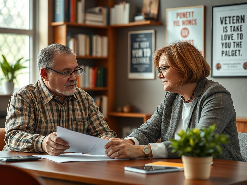 A close-up shot of a veteran engaging in a mentorship session with a mentor. The two individuals are seated at a table, discussing plans and ideas, with a warm and encouraging atmosphere. The background features bookshelves and motivational posters, symbolizing knowledge and support.