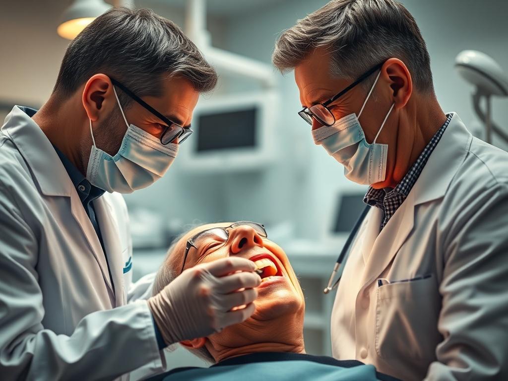 A close-up shot of a dentist examining a veteran's teeth during a check-up. The dentist is focused and professional, while the veteran looks relaxed and appreciative. The background is a clean and well-lit dental clinic, with dental tools neatly arranged. The colors are warm and inviting, emphasizing care and compassion.