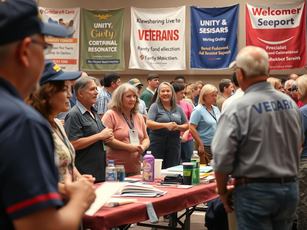 A close-up shot of a community gathering with veterans and volunteers engaging in conversation and support activities. The atmosphere is lively and welcoming, with tables set up for various support services. The background showcases banners promoting unity and assistance.