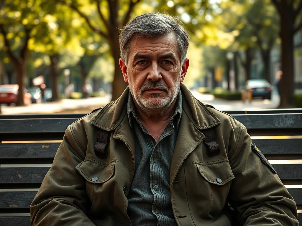 Create a highly detailed, realistic high-resolution photo focusing on a single veteran who is facing homelessness. The subject should be a middle-aged male veteran, with a thoughtful and reflective expression, seated on a park bench with a partially weathered military jacket draped over his shoulders. His gaze should convey a sense of resilience and contemplation, highlighting the emotional depth of his experience.

The background should feature a quiet urban park environment with gentle natural elements, s