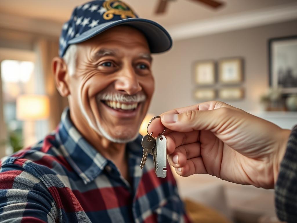 A close-up shot of a veteran receiving keys to a new home, showing a joyful expression on their face. The background features a cozy living room with warm lighting, emphasizing a welcoming atmosphere. The image is rendered in hyper-realistic detail, focusing on the veteran's face and the keys, highlighting the moment of transition to a new life.