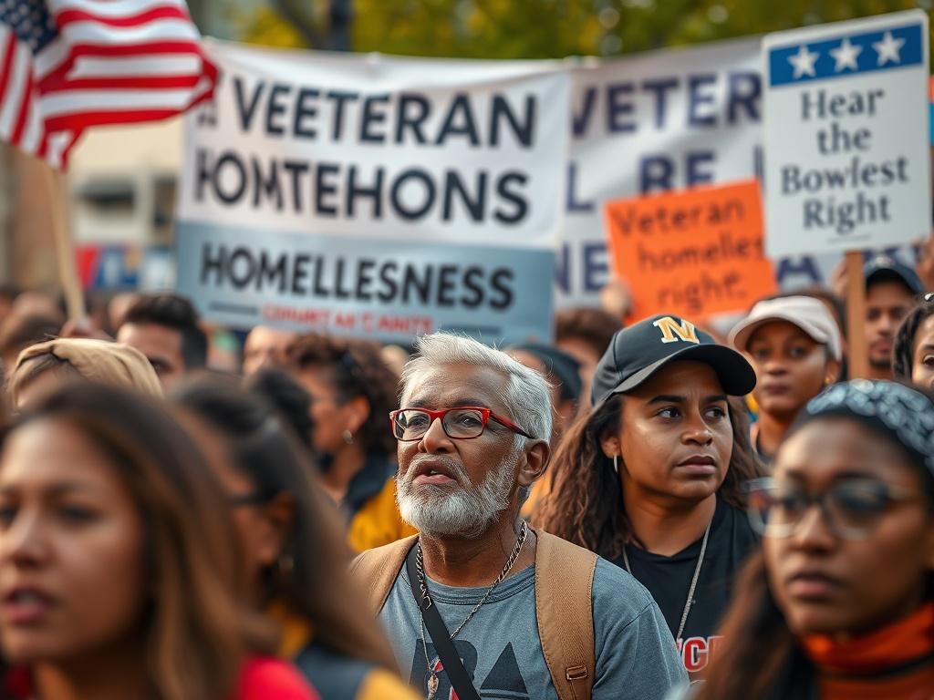 A close-up shot of a group of diverse community members participating in a rally or event for veteran homelessness awareness. The atmosphere is energetic and positive, with banners and signs advocating for veterans' rights. The focus is on the determination and unity of the participants, showcasing the strength of community support.
