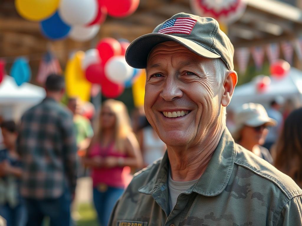 Create a realistic high-resolution photo featuring a proud veteran at a community event, showcasing a warm smile as he interacts with attendees. The veteran should be in the foreground, dressed in a casual military uniform or a veteran's cap, with a visible sense of camaraderie and pride. The background should include a soft-focus scene of people enjoying the festivities, with colorful decorations, balloons, and community members engaging with one another, suggesting a day filled with fun and support for ve