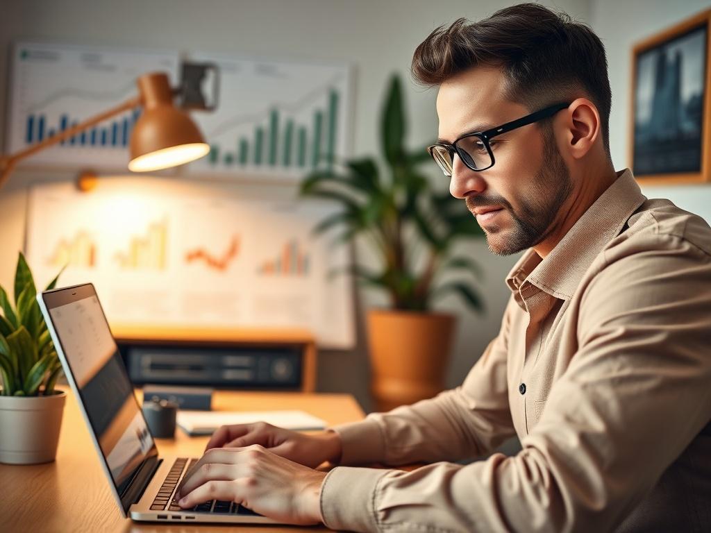 A close up shot of a confident investor analyzing financial