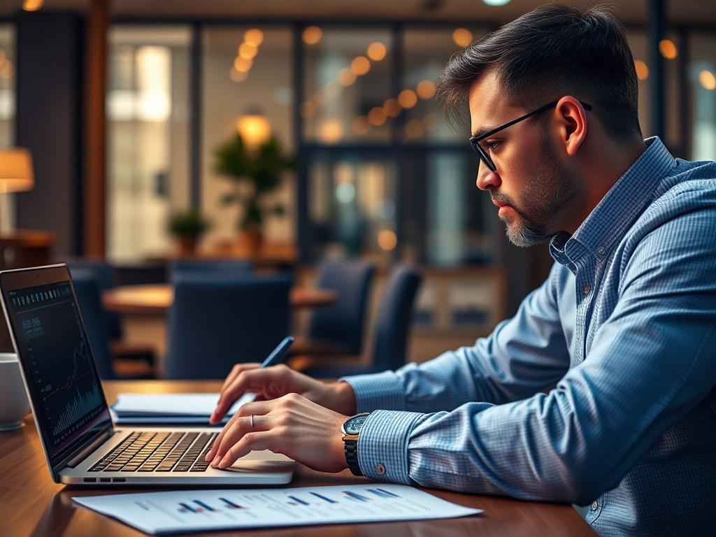 A focused close up shot of a financial analyst working