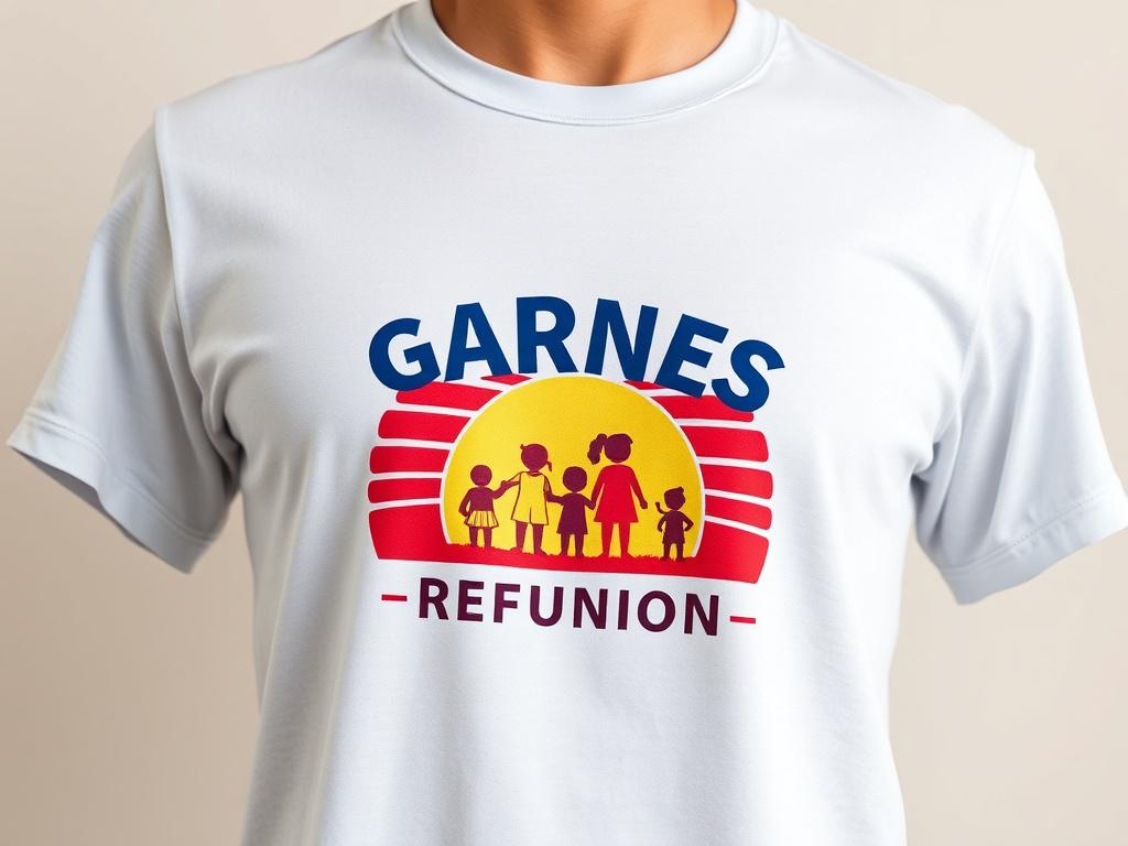 A close-up shot of a Garnes Family Reunion T-Shirt, displayed on a neutral background. The t-shirt features a vibrant design symbolizing family unity. The fabric should appear soft and breathable, with excellent texture details. The image should be taken with a 45mm f/1.2 lens to enhance focus on the t-shirt while softly blurring the background.