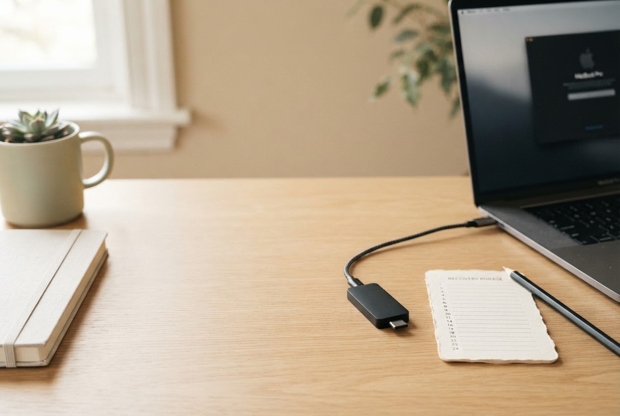 A hardware wallet and blank recovery card on a sunlit desk beside a laptop