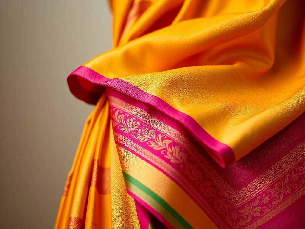 A close up shot of a beautifully prepleated saree displayed