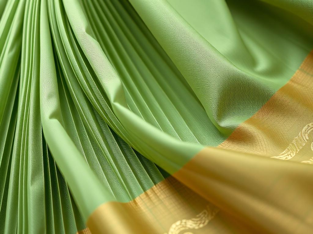 An elegant display of a custom pleated saree, showcasing unique