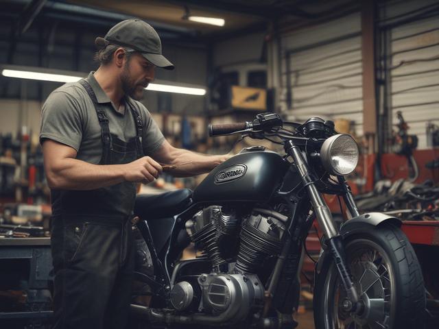 Create a realistic high-resolution photo of a motorcycle mechanic at work in a garage setting, focusing on the subject of preventive motorcycle maintenance. The mechanic, a middle-aged man in a blue work uniform, is in the foreground, intently inspecting the front brake system of a motorcycle, which is propped up on a lift. His expression shows concentration and professionalism, emphasizing the importance of thorough inspections.

The background should feature typical garage elements, such as tool shelves, 