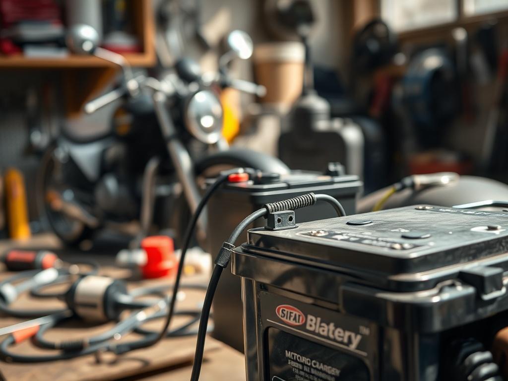 **AI Image Generation Prompt:**

Create a high-resolution, realistic close-up photograph that captures the essence of a motorcycle mechanic's workspace in spring, focusing on a single motorcycle battery. The scene should be simple and clear, highlighting the battery as the main subject. The composition should feature the battery prominently in the foreground, with visible battery terminals and a drop charger connected to it, demonstrating its importance in motorcycle maintenance. 

The background should be 