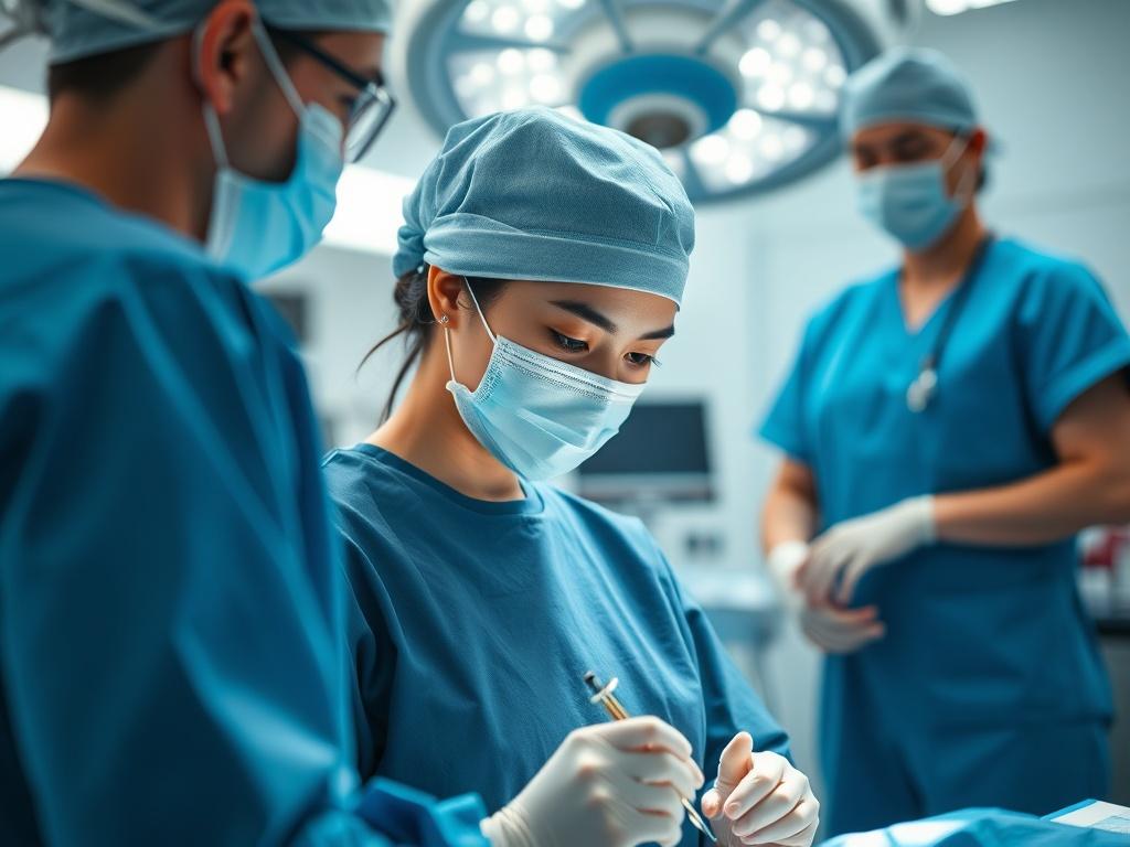 A high-resolution image of a surgeon in scrubs, preparing for surgery in a state-of-the-art operating room. The surgeon, an Asian female, is focused on her instruments while a nurse stands by, ready to assist. The background is clean and well-lit, emphasizing a professional medical environment.