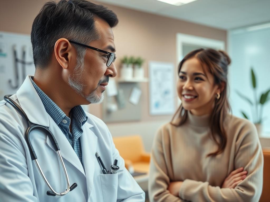A close-up shot of a doctor consulting with a patient in a bright, welcoming clinic. The doctor, a middle-aged Latino male, is focused on the patient, a young Canadian woman, who looks relieved and engaged. The background features medical charts and a cozy waiting area, all set in a warm color palette.