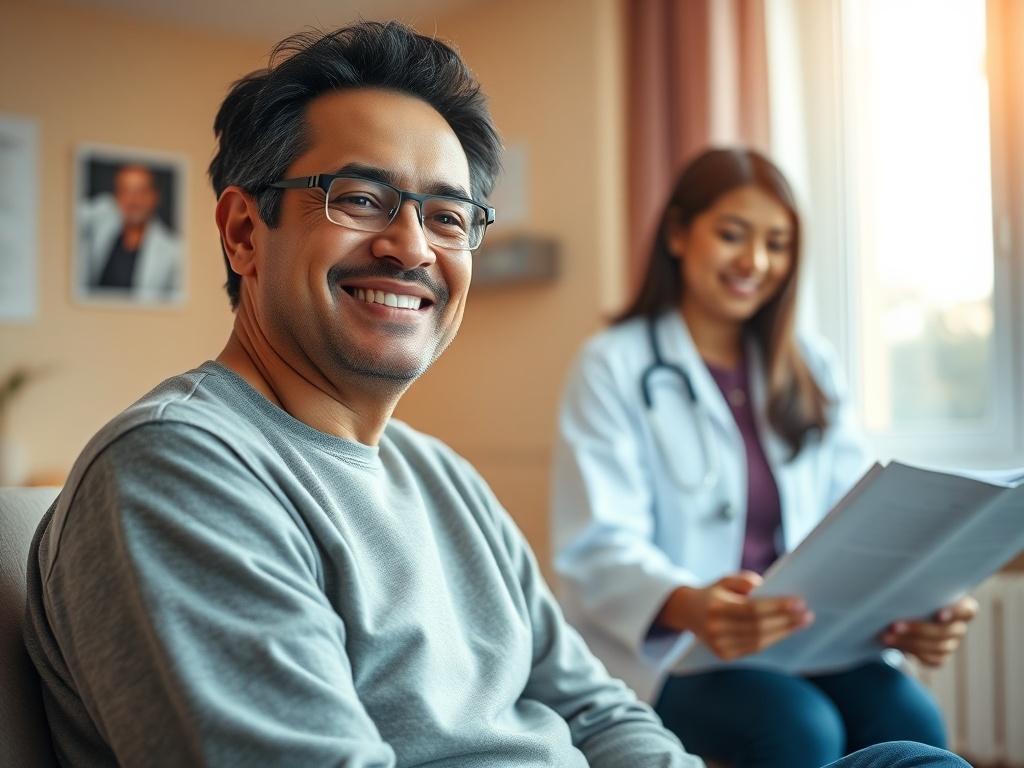 A close-up shot of a smiling patient sitting in a bright, welcoming clinic room, with a caring doctor nearby discussing a medical chart. The background features soft, warm colors and natural light pouring in through a window, highlighting the patient’s relief and comfort. The image should evoke a sense of trust and care, focusing on the patient-doctor interaction, shot with a 45mm f/1.2 lens.