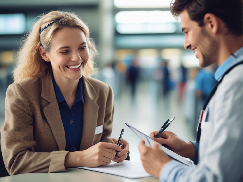 A close up shot of a friendly travel coordinator assisting