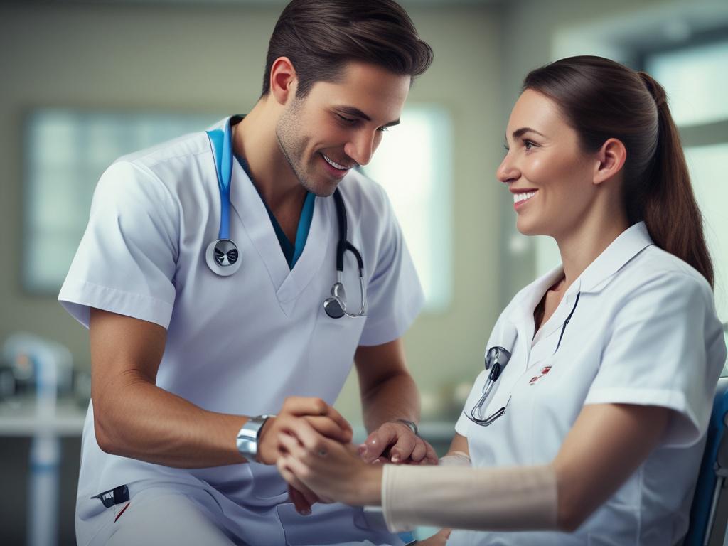 A close up image of a caring nurse checking in