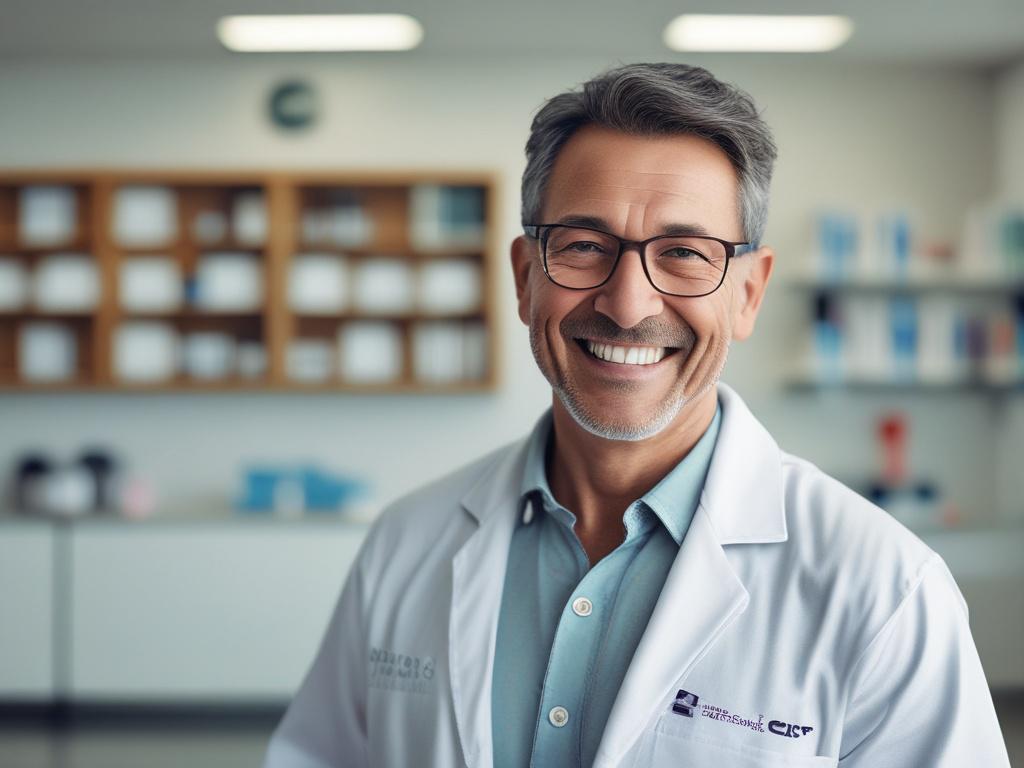 Create a realistic high-resolution photo of a smiling middle-aged Canadian man, looking energetic and healthy, standing confidently in a modern medical clinic in Mexico. The subject should be positioned slightly off-center to the right, showcasing a bright and welcoming environment. In the background, include elements of the clinic such as a clean reception desk and medical equipment that reflect professionalism and care. Use soft lighting to enhance the warmth of the setting and highlight the man's express