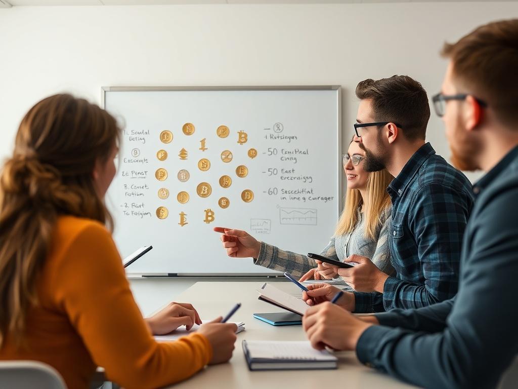 A close-up shot of a group of enthusiastic beginners engaged in a crypto education workshop. The scene includes a knowledgeable instructor explaining concepts on a whiteboard with cryptocurrency symbols. The atmosphere is lively and collaborative, with participants taking notes. The background features a modern classroom setting, complementing the rgb(50, 170, 39) primary color and symbolizing growth and learning.