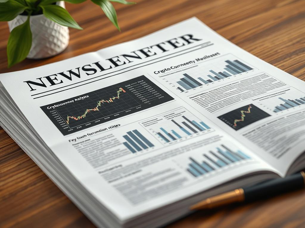 A close-up shot of an open newsletter featuring cryptocurrency market analysis, laid on a wooden desk with a pen beside it. The background shows a subtle green plant, signifying growth. The composition focuses on the newsletter's informative layout with graphs and charts visible, invoking a sense of professionalism and insight, and aligns with the rgb(50, 170, 39) primary color.
