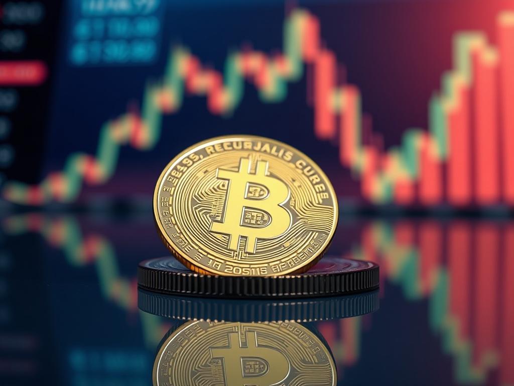 A close up shot of a modern cryptocurrency coin resting