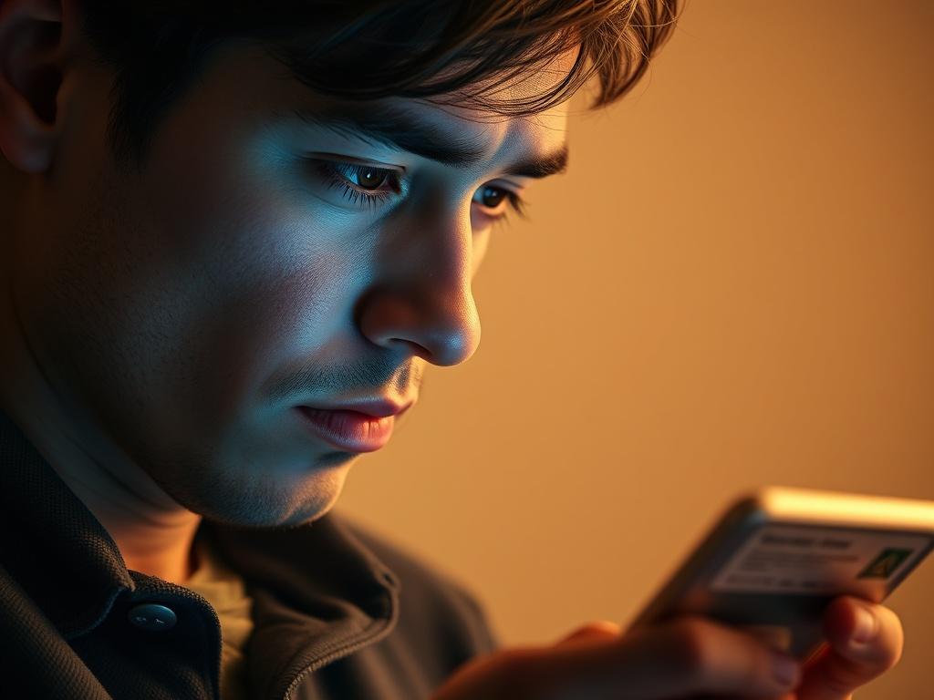 A close-up shot of a concerned individual looking at their smartphone, displaying a warning icon related to cryptocurrency scams. The background should be simple and clean, with soft focus to emphasize the subject's expression of caution. The lighting should be warm and inviting, highlighting the importance of awareness in the crypto space.