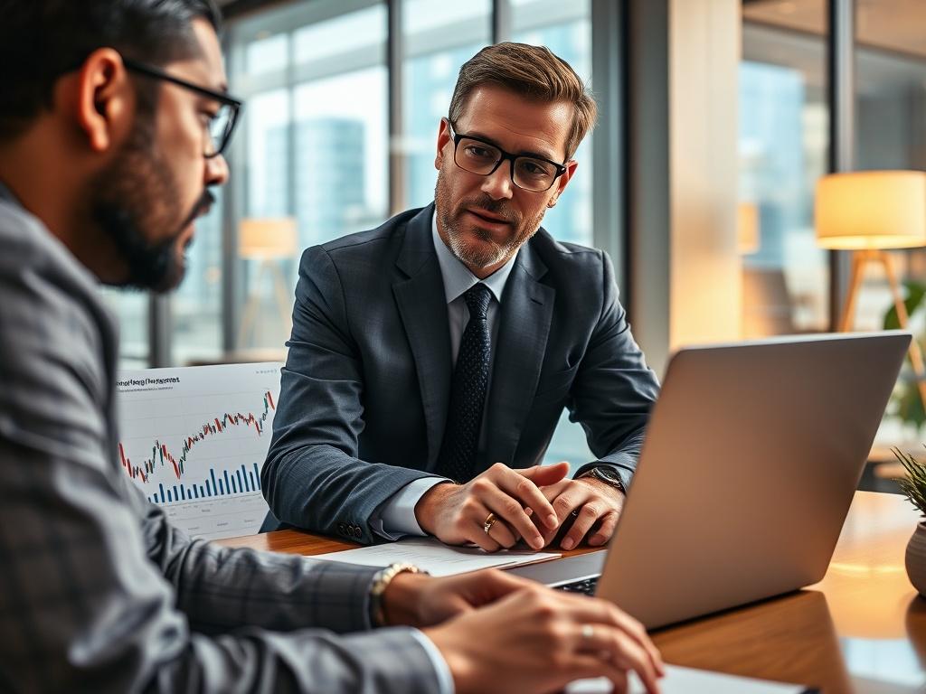 A close up shot of a professional consultant discussing cryptocurrency
