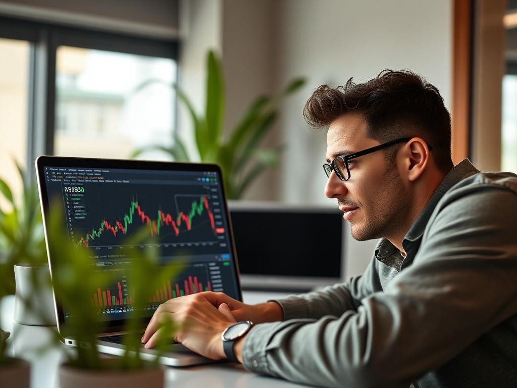 A close-up shot of a confident person analyzing cryptocurrency charts on a laptop in a modern workspace. The background features a sleek, minimalist office design with green plants and natural light. The subject is focused on the screen, showcasing their engagement with the data. The image has a warm and inviting feel, emphasizing the importance of informed decision-making in crypto investments.