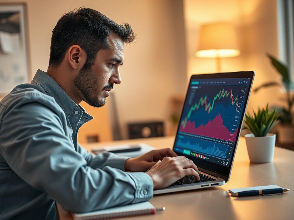 Create a realistic high-resolution photo featuring a man intently engaged with a laptop displaying a vibrant crypto chart. The man should be positioned centrally in the frame, with a clear focus on his hands actively typing on the keyboard, emphasizing his deep involvement in cryptocurrency analysis. His expression should convey concentration and determination, reflecting the exciting yet complex nature of crypto trading.

Ensure the background is a soft-focus office setting that suggests productivity and p