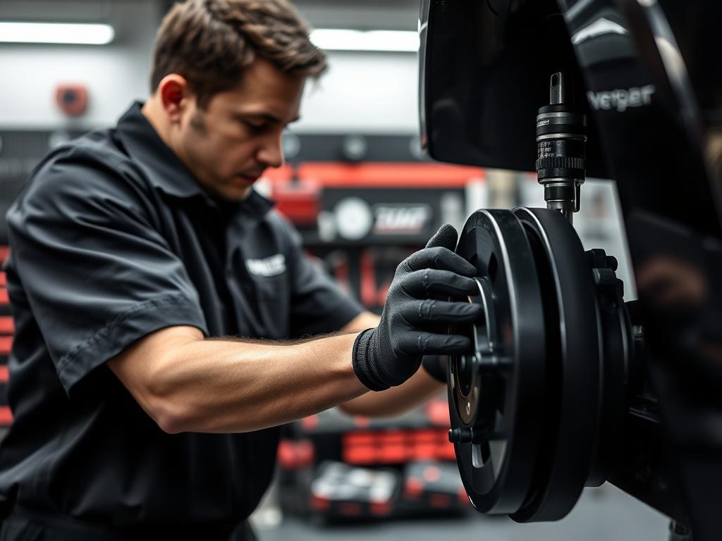 A close up of a skilled technician replacing brake pads