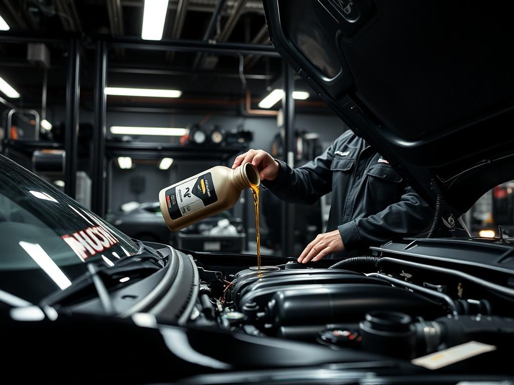 A technician pouring fresh oil into the engine of a