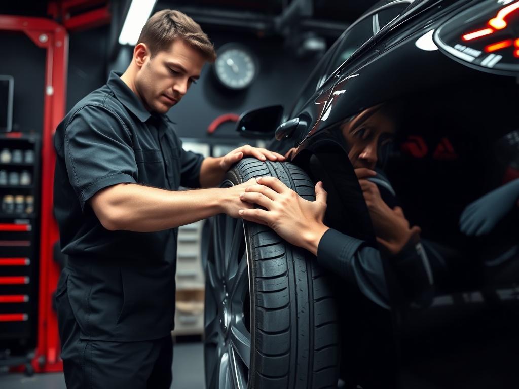 A technician performing a tire rotation on a car in