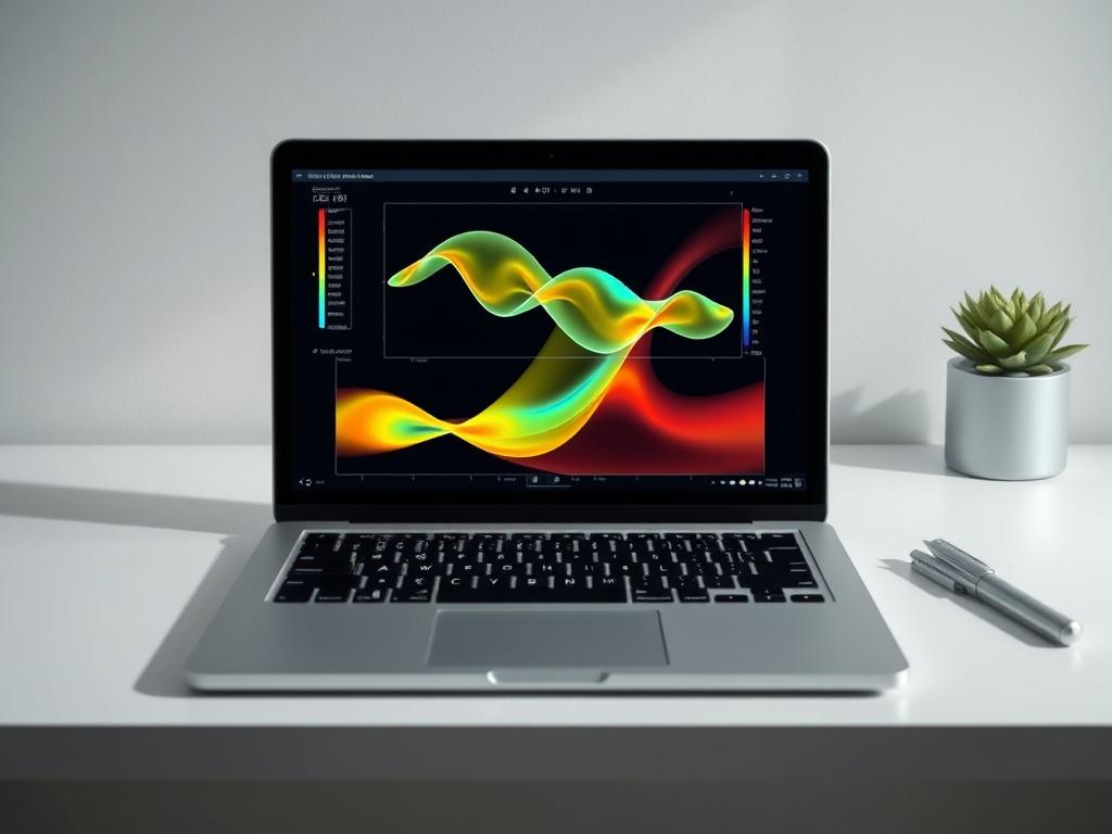 A realistic high-resolution image depicting a coupled analysis simulation on a laptop, illustrating the interaction of thermal and fluid dynamics with a sleek, minimalistic workspace as background.