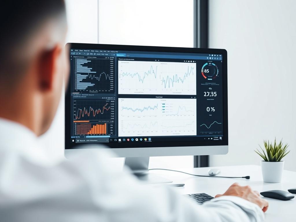A close-up of a computer screen displaying complex simulation data and graphs. The environment is sleek and modern, emphasizing high-tech elements. The image captures a moment of intense focus, reflecting the precision and analytical nature of simulation work.