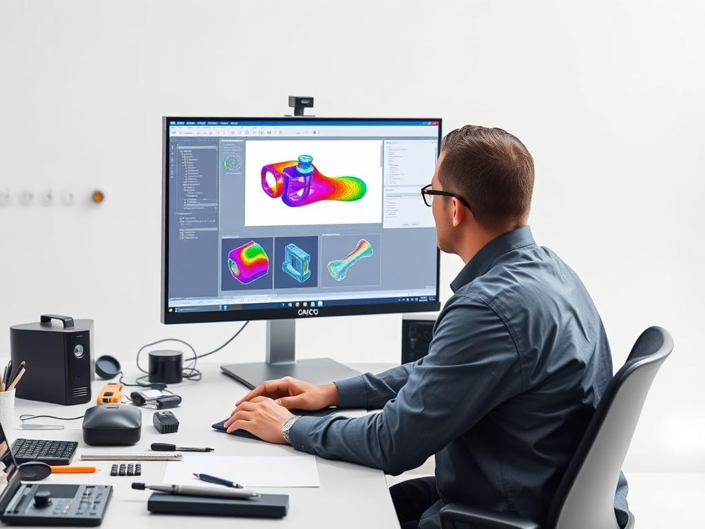 An engineer using advanced simulation software on a computer screen, with visualizations of fluid dynamics displayed. The workspace is tidy and organized, showcasing tools and technology. The background is clean and modern, reinforcing a sense of innovation and technical expertise.