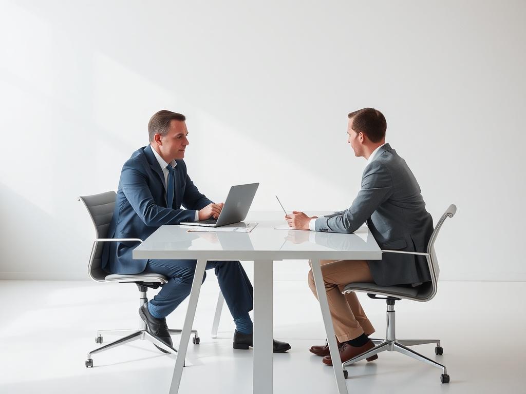 A professional setting with a consultant and a client seated at a modern conference table. The consultant is engaged in discussion, with a laptop and notepad in front of them. The background is minimalistic, featuring light colors and natural light coming through a window. The atmosphere is focused and professional, emphasizing clarity and attention to detail.