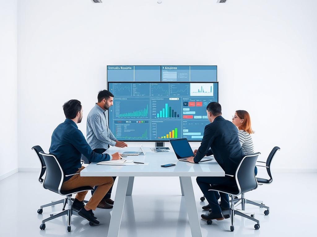 A team of engineers discussing simulation results around a large table, with charts and graphs displayed on a screen. The setting is bright and professional, with focus on teamwork and collaboration. The atmosphere conveys a sense of accomplishment and clarity.