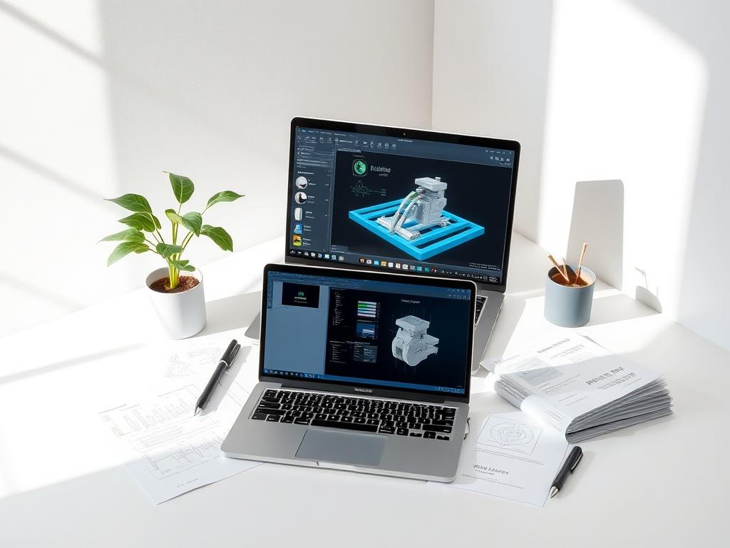 A clean, minimalistic workspace featuring a sleek laptop with simulation