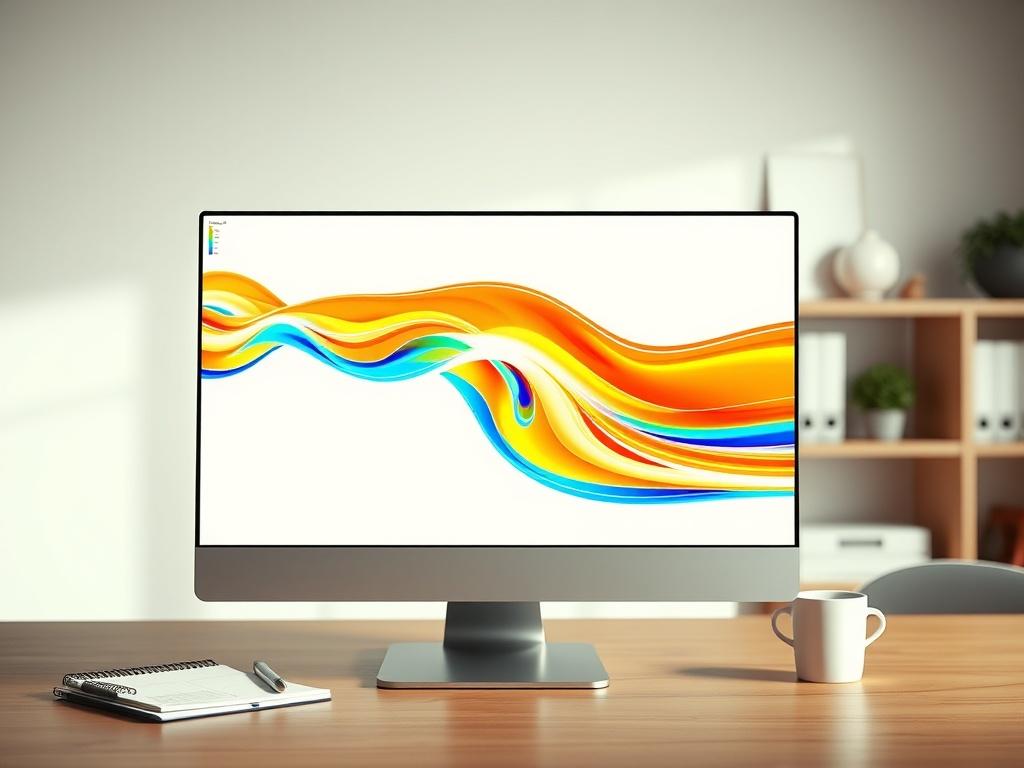 Create a realistic high-resolution image that captures the essence of "Understanding Computational Fluid Dynamics (CFD)." Focus on a single subject: a computer screen displaying a detailed visualization of fluid dynamics simulation results. Ensure the composition is simple and clear, with the computer taking center stage against a minimalistic office environment. 

The screen should showcase vibrant, flowing lines and colorful data representations that illustrate the principles of CFD, such as airflow over 