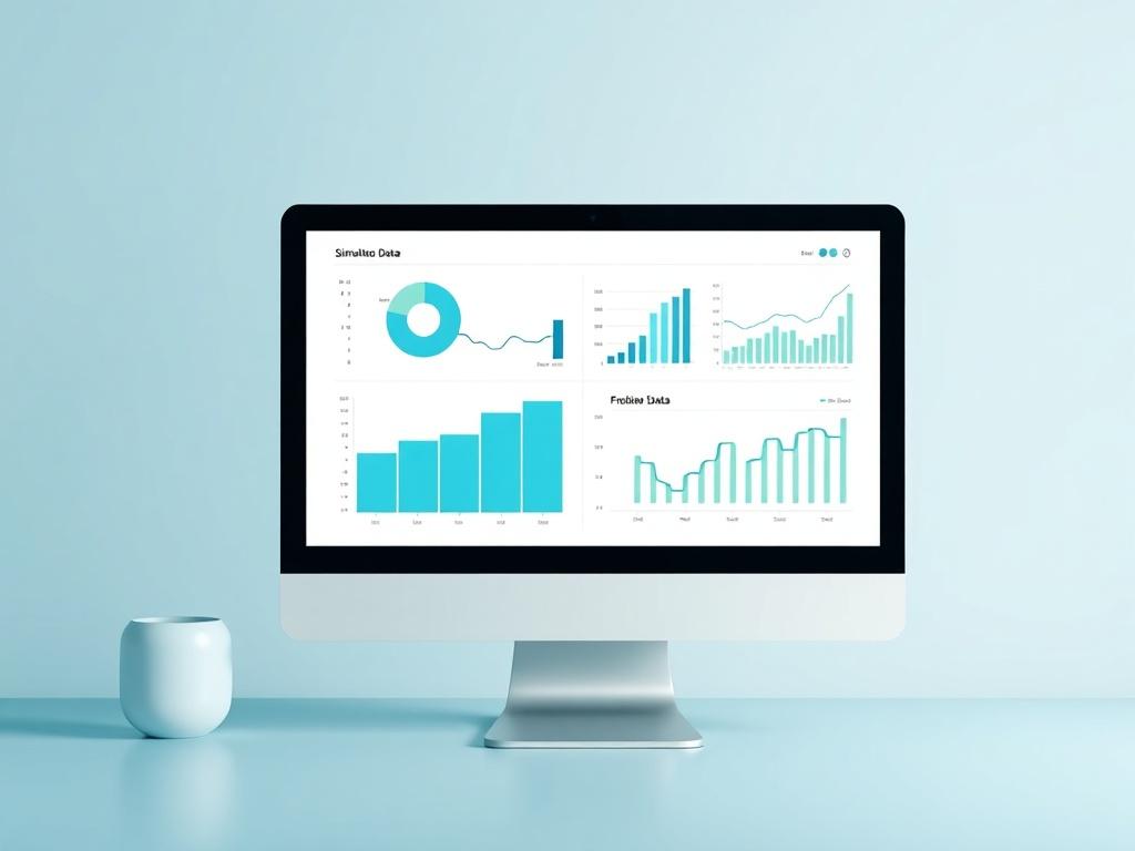A realistic high-resolution image depicting a computer screen showcasing simulation data analysis with graphs and charts. The design should be minimalistic, focusing on the clarity of the data presented. The color palette should include shades of blue and green, aligning with a modern aesthetic.
