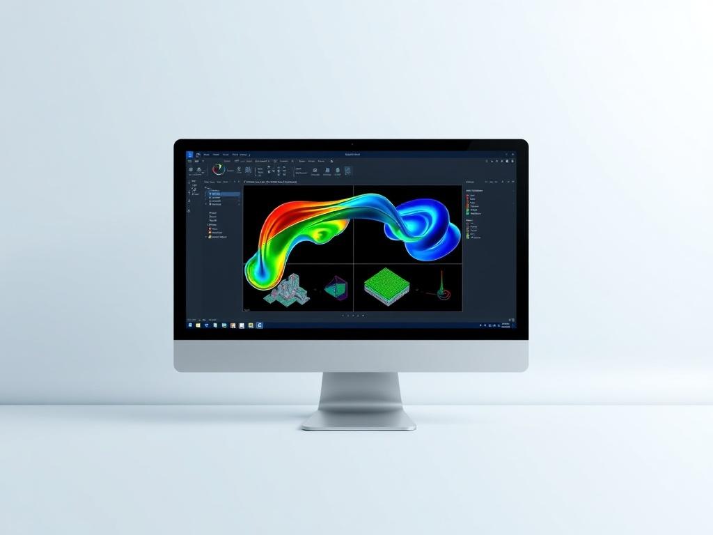 A realistic high-resolution image of a computer screen displaying advanced CFD simulation software with fluid dynamics visualizations. The background should be minimalistic, focusing on the screen's content. The color scheme should include shades of blue and green, reflecting a clean and modern design.