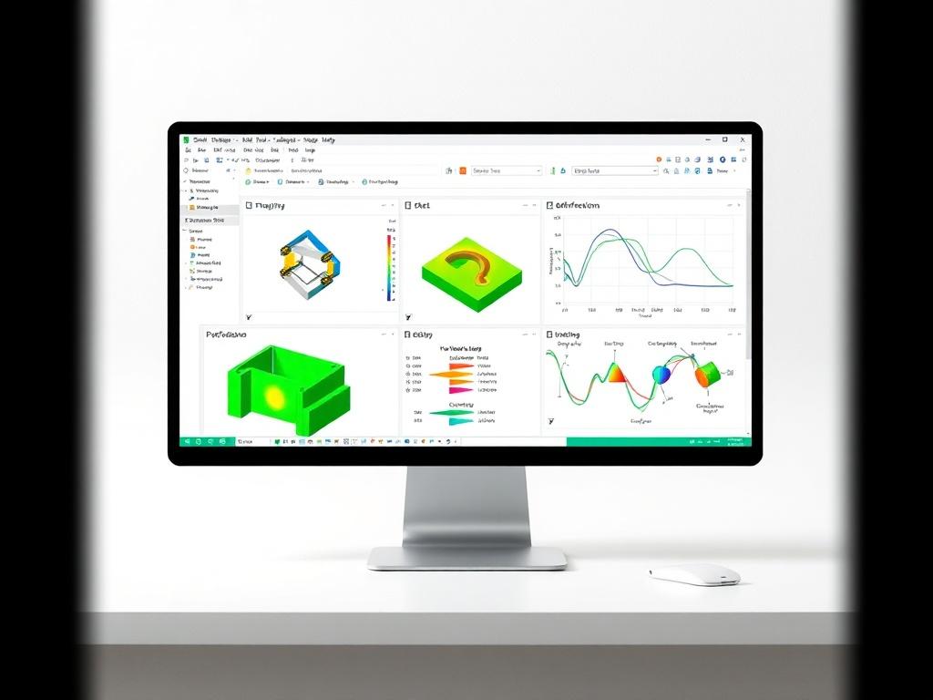 A realistic high-resolution image showcasing a computer interface with FEM analysis results, including stress and deformation visualizations. The background should be minimalistic, emphasizing the clarity of the analysis. The color scheme should feature green and white tones for a clean and professional look.
