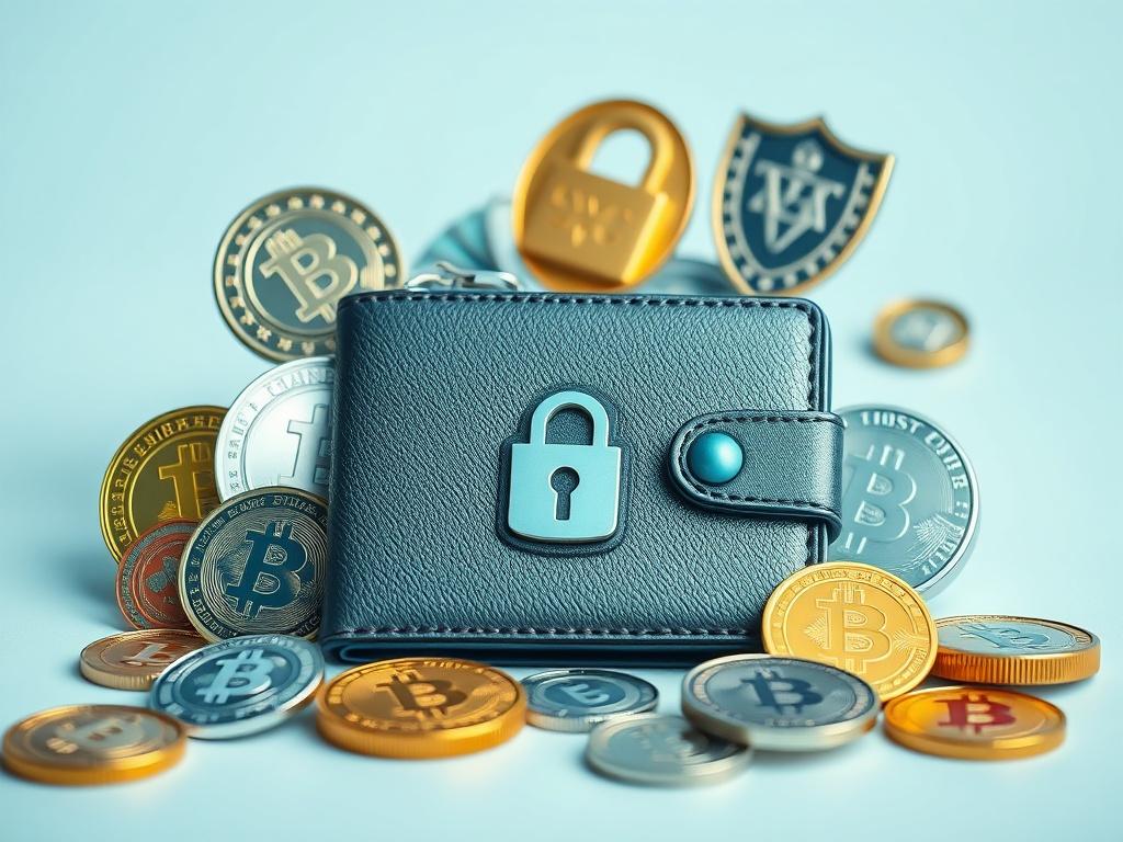 Create a realistic high-resolution photo of a sleek modern cryptocurrency wallet, prominently displaying a variety of digital coins surrounding it, combined with security icons such as a lock and shield. The composition should focus on the wallet in the center, with a clean and minimalistic background that enhances the wallet's features. Use a hyper-realistic style to emphasize texture and detail, ensuring the image aligns with the rgb(245, 77, 77) primary color.